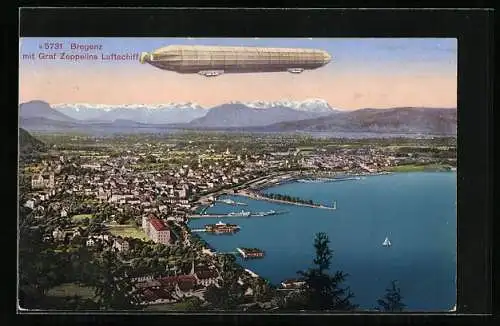 AK Bregenz, Teilansicht mit Graf Zeppelins Luftschiff