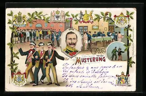 Lithographie Musterung in vier Bildern, Portrait Kaiser Wilhelm II. und Wappen