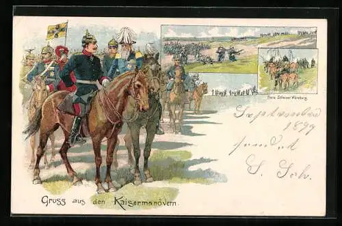 Lithographie Kaisermanöver mit Wilhelm II. zu Pferd