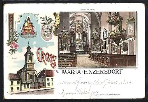 Lithographie Maria-Enzersdorf, Kirche und Inneres der Kirche