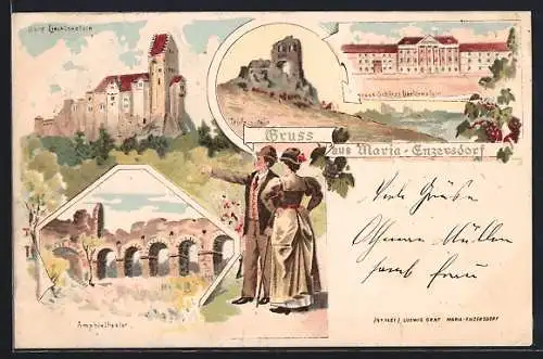 Lithographie Maria Enzersdorf, Burg Liechtenstein, Teufels-Höhe, neues Schloss Liechtenstein, Amphietheater