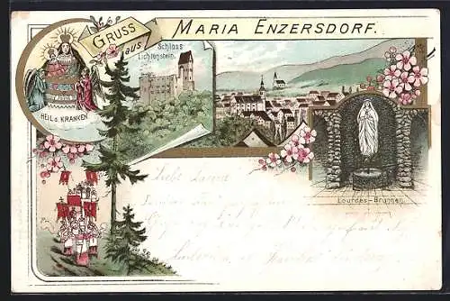 Lithographie Maria Enzersdorf, Heil. d. Kranken, Das Schloss Liechtenstein, Der Lourdes-Brunnen