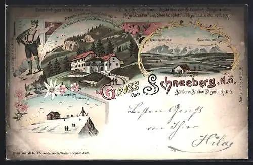 Lithographie Puchberg am Schneeberg, Schneeberghotel zum Baumgartner, Destillerie Julius Kronich