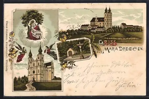 Lithographie Rosenburg-Mold, Maria Dreieichen, Wallfahrts-Kirche, Gnadenbild, Bründl, Engel