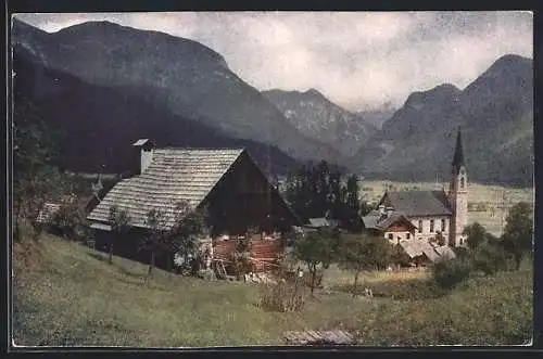 AK Gosau, Teilansicht mit Kirche und gegen den Hochkalmberg