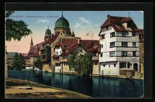 AK Nürnberg, Wasserpartie mit Heubrücke und Synagoge