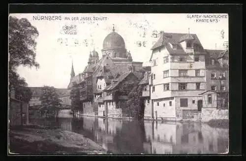 AK Nürnberg, Pegnitzpartie an der Insel Schütt, Blick zur Synagoge