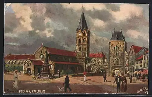 Künstler-AK Raphael Tuck & Sons Nr. 7082: Eisenach, Karlsplatz mit Kirche und Denkmal