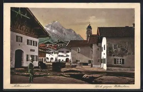 AK Mittenwald, Ortspartie mit Blick auf den Wetterstein