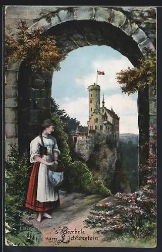 AK Lichtenstein, `s Bärbele vom Lichtenstein mit Korb, Schloss im Hintergrund