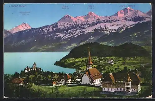 AK Spiez, Ortsansicht mit Kirche am See gegen die Berge