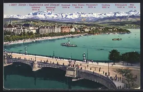 AK Zürich, Quaibrücke und Utoquai mit Alpenpanorama