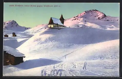 AK Inner-Arosa, Winterpartie am Kirchlein gegen Weisshorn