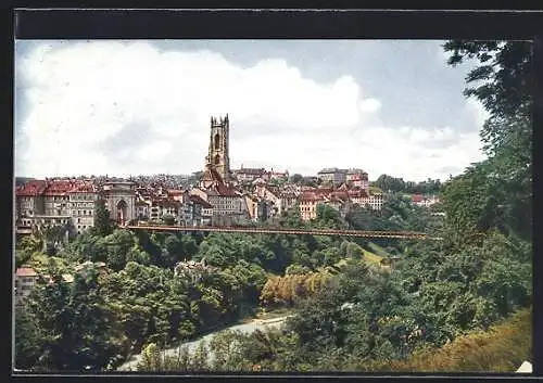 AK Freiburg, Blick über die Saane auf alte Zähringerbrücke und Kathedrale