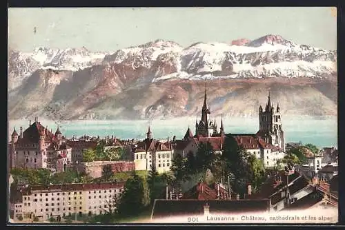 AK Lausanne, Stadtansicht und die Alpen aus der Vogelschau