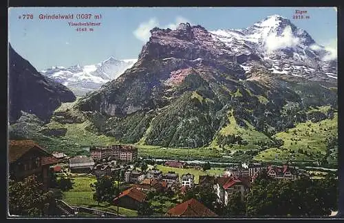 AK Grindelwald, Ortsansicht mit Viescherhörner und Eiger