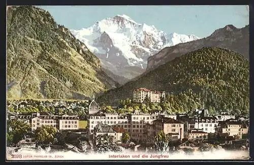 AK Interlaken, Teilansicht der Stadt mit Jungfrau