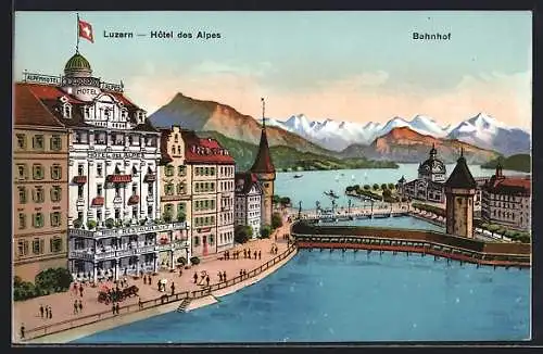 AK Luzern, Hotel des Alpes, Bahnhof