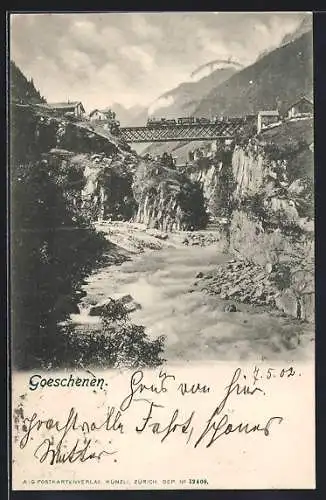 AK Goeschenen, Flusspartie mit Eisenbahnbrücke