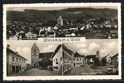 AK Reisbach a. Vils, Strassenpartie mit Papierhandlung, Oberer Markt, Teilansicht