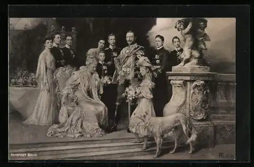 AK Kaiser Wilhelm II. von Preussen mit seiner Familie und Windhund