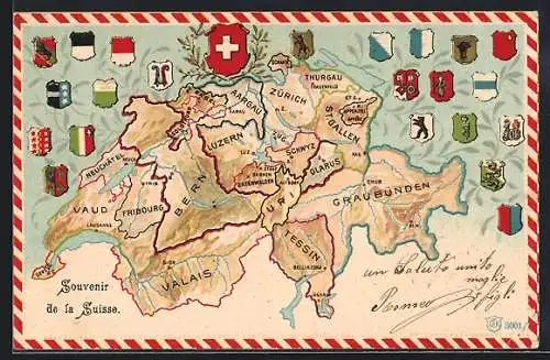 Künstler-AK Landkarte mit schweizer Kantonen, Grenzen und Wappen