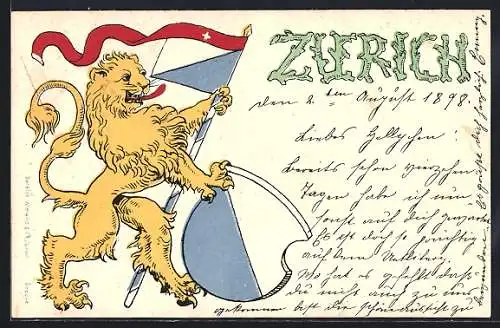 Lithographie Zürich, Löwe mit Flagge und Wappen