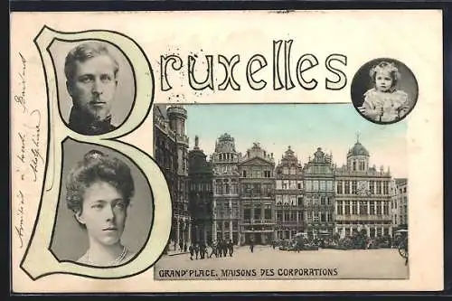 AK Bruxelles, Grand`Place, Maisons des Corporations, Portrait König Albert I. mit Frau und Tochter