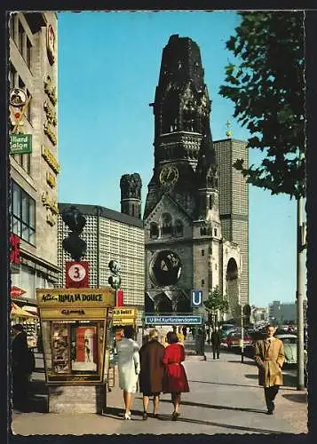 AK Berlin-Charlottenburg, Kurfürstendamm mit alter und neuer Kaiser-Wilhelm-Gedächtniskirche