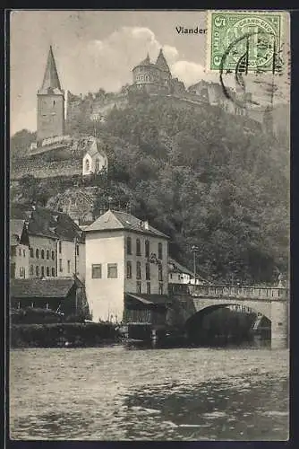 AK Vianden, Flusspartie mit Café und Festung