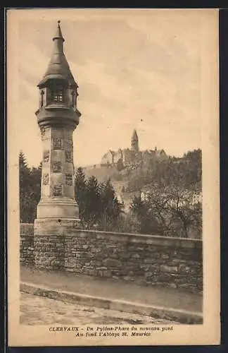 AK Clervaux, Un Pylône-Phare du nouveau pont, Au fond l`Abbaye St. Maurice