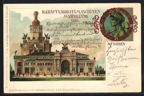 Lithographie München, II. Kraft- und Arbeitsmaschinen-Ausstellung 1898, Südlicher Eingang