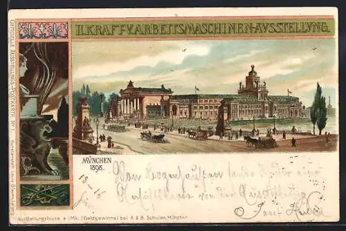 Lithographie München, II. Kraft-V. Arbeitsmaschinen-Ausstellung 1898, Strassenpartie