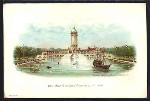 AK Berlin, Gewerbe-Ausstellung 1896, Wasserturm und Hauptrestaurant