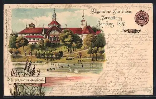 Lithographie Hamburg, Allgemeine Gartenbau-Ausstellung 1897, Haupt-Ausstellungsgebäude