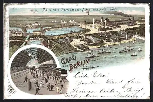 Lithographie Berlin, Gewerbe-Ausstellung 1896, Gesamtansicht aus der Vogelschau, Stadtbahn-Station Friedrichstrasse