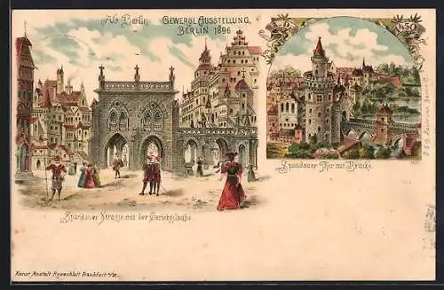 Lithographie Berlin, Gewerbe-Ausstellung 1896, Spandauer Strasse mit der Gerichtslaube