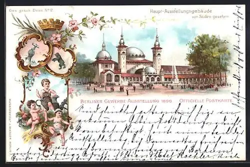 Lithographie Berlin, Gewerbe-Ausstellung 1896, Haupt-Ausstellungsgebäude von Süden gesehen, Wappen