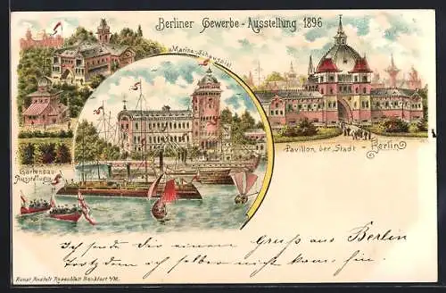 AK Berlin, Gewerbe-Ausstellung 1896, Marine-Schauspiel, Pavillon der Stadt, Gartenbau-Ausstellung