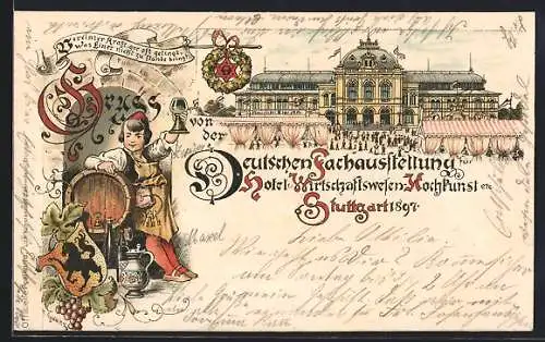 Lithographie Stuttgart, Deutsche Fachausstellung 1897, Festhalle und Bierfass