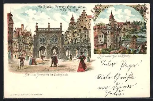 Lithographie Berlin, Gewerbe-Ausstellung 1896, Spandauer Strasse mit der Gerichtslaube