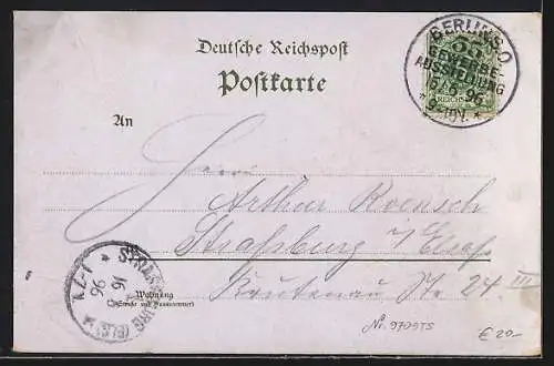 Lithographie Berlin, Gewerbe-Ausstellung 1896, Spreewaldschänke, Wasserturm, Haupt-Ausstellungsgebäude