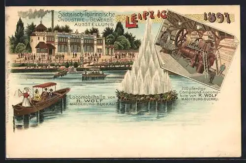 Lithographie Leipzig, Sächs.-Thür. Industrie und Gewerbe-Ausstellung 1897, Ausstellungshalle, Gondelfahrt & Wasserspiel