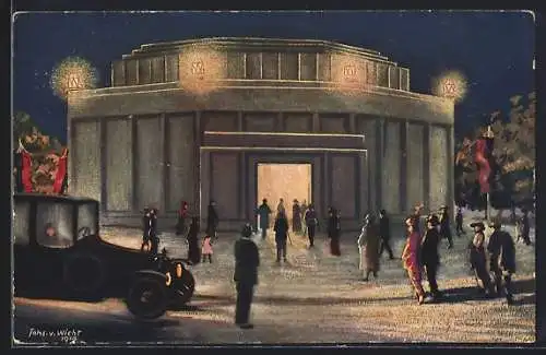 Künstler-AK Stuttgart, Ausstellung für Gesundheitspflege 1914, Pavillon bei Nacht