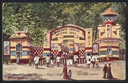 Künstler-AK Prag, Ausstellung 1908, Abessiner Dorf