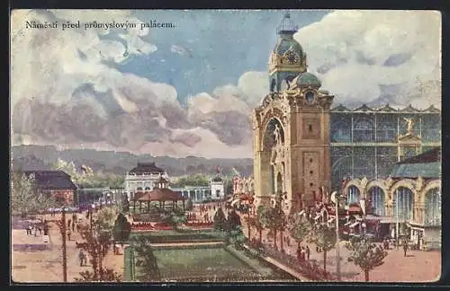 Künstler-AK Praze, Jubilejni vystavy 1908, Pohled na namesti pred prumyslovym palacem