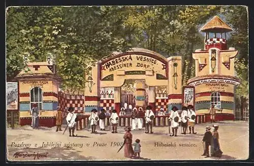 Künstler-AK Prag, Ausstellung 1908, Abessiner Dorf