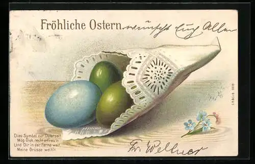 AK Fröhliche Ostern, Bunte Ostereier in einer Tüte