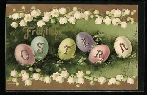 Präge-AK Eier mit Schriftzug Fröhliche Ostern