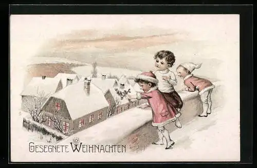 Künstler-AK Weihnachten, Kinder blicken auf den eingeschneiten Ort